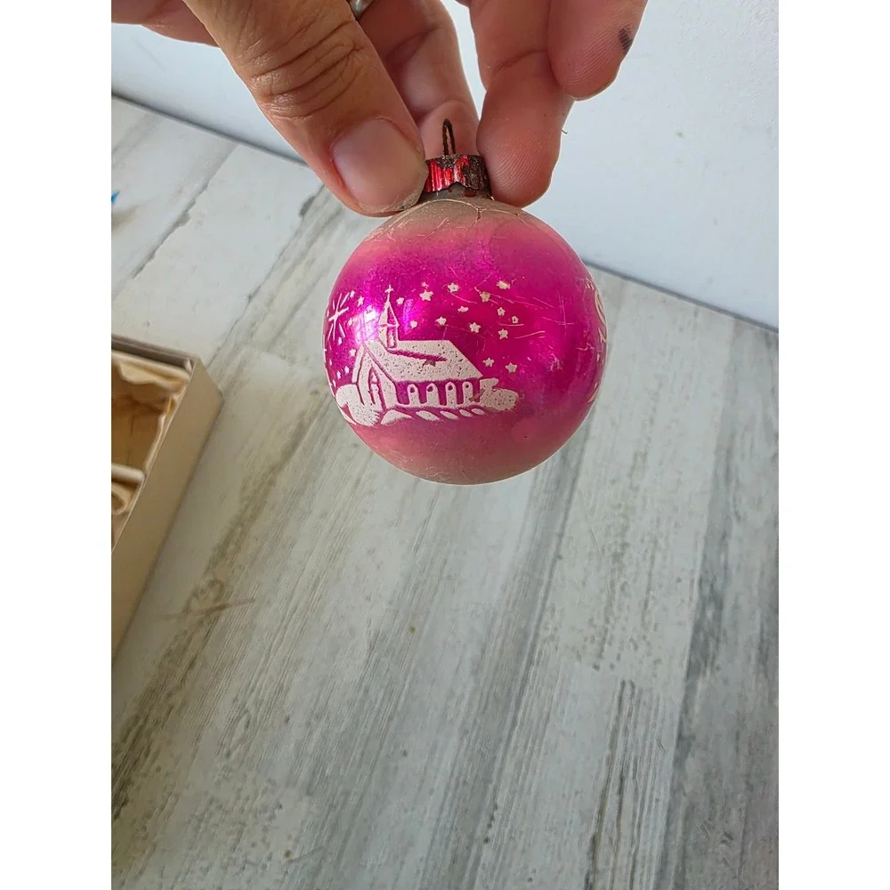 Vintage shiny brite silent night unsilvered stencil pink ombre ornament church